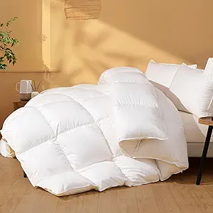Feather Down Fiber Comforter Queen Size, Ultra Soft 100% Cotton Duvet Insert, Luxurious Hotel Collection White Bedding Comforters, All Season Medium Warmth 90 x 90 Inch.