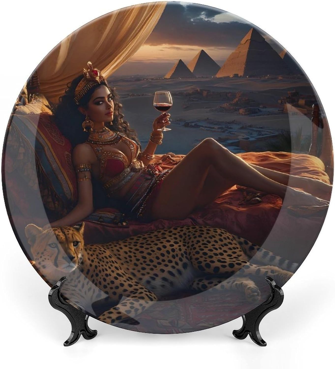 Lady Cheetah Egyptian Pyramids Bone China Decorative Plate with Stand Home Dessert Plates Gift for Men Women 7inch
