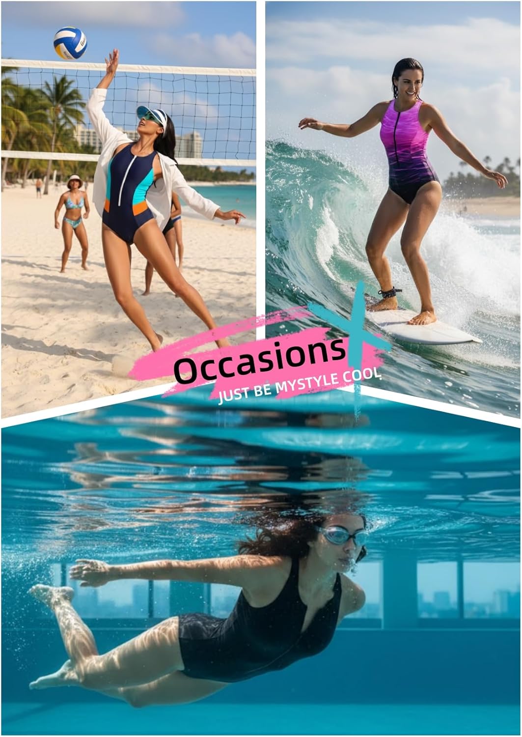 Tempt Me Women Athletic One Piece Swimsuit Zipper High Neck Bathing Suit Racerback Swimwear - Image 2