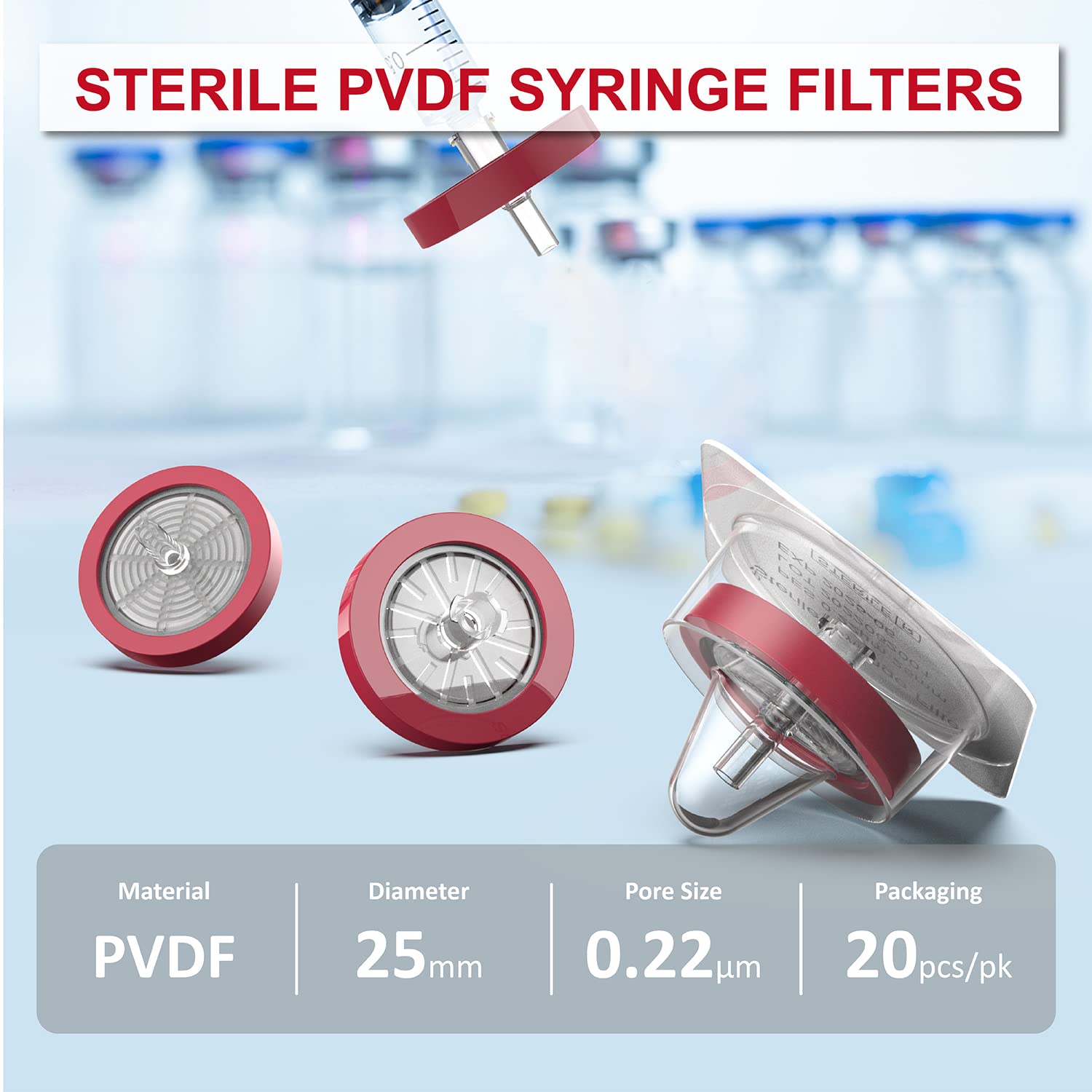 10 Pack Syringe Filters Sterile PVDF, Syringe Lab Filters 25mm Membrane Diameter, 0.22um Pore Size, Hydrophilic Filtration for Culture Medium, Protein Solution, Individually Packed: Industrial & Scientific