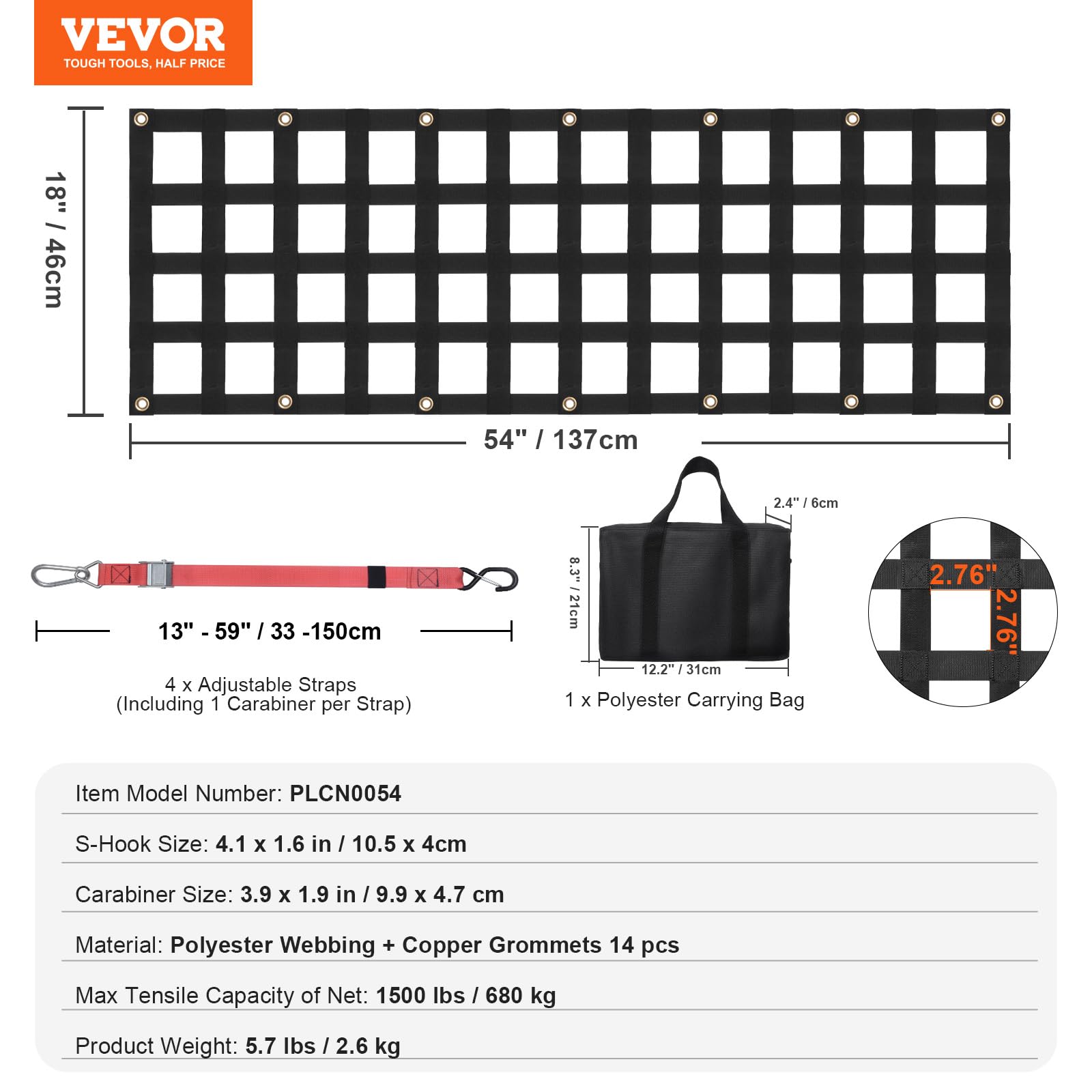 VEVOR Siatka tylnej klapy bagażnika, 1380 x 470 mm, siatka do ciężkich ładunków ciężarowych z 4 regulowanymi pasami teleskopowymi, rozciągliwa i trwała, odpowiednia do Jeep SUV-a ciężarówki Pickup