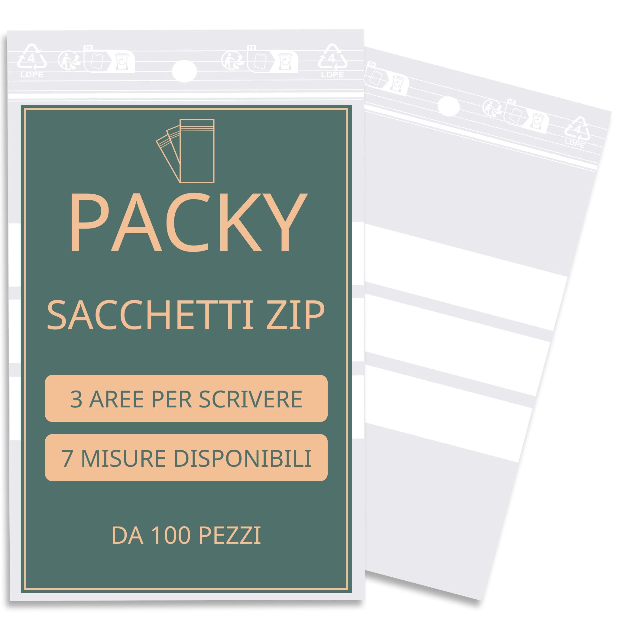 PACKY - Bustine Trasparenti Richiudibili 8x12 Cm - 100 Pezzi - 3 Bande Bianche | Ampia scelta