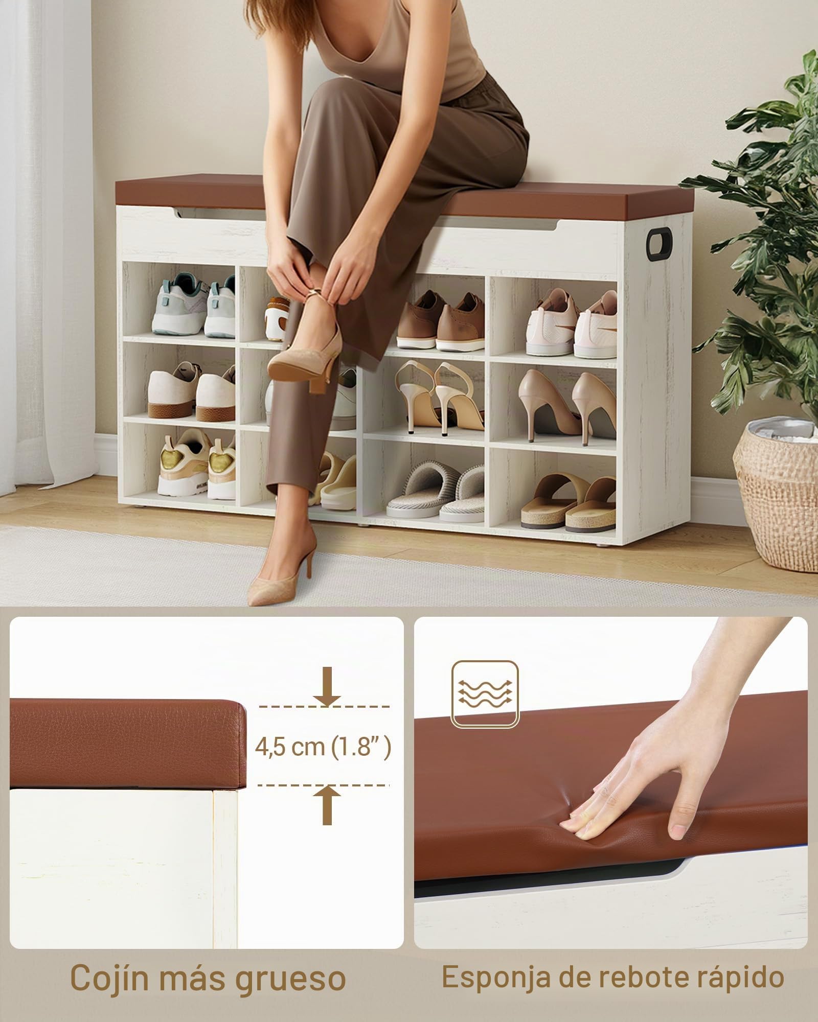 Hzuaneri Banco Zapatero, Zapatero con Asiento, Banco con Espacio de Almacenamiento, 12 Compartimentos, Estantes Extraíbles, Edecuado para Salón, Pasillo, Entrada 30 x 100 x 55,4 cm Marrón y Blanco