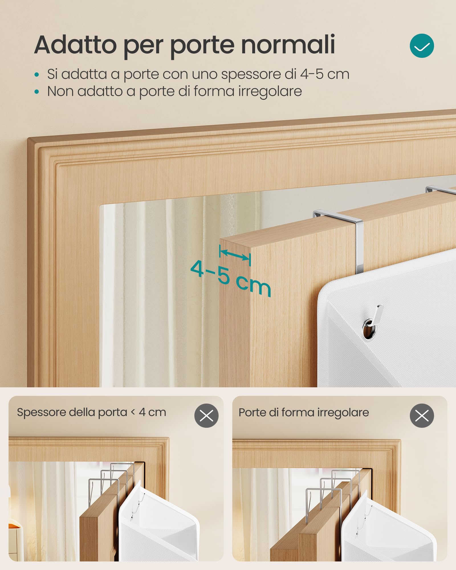 SONGMICS Organizer da Porta, 5 Scomparti, Portaoggetti da Appendere Pieghevole, Ganci in Metallo, Trasparente, Tasche Laterali, Bianco Nuvola RDH010WH01