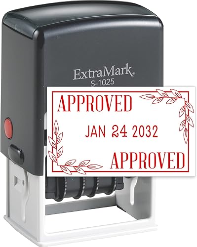 S-1025 Sello de fecha de oficina autoentintado profesional con frase "aprobada" - Estilo Q - Tinta de color rojo