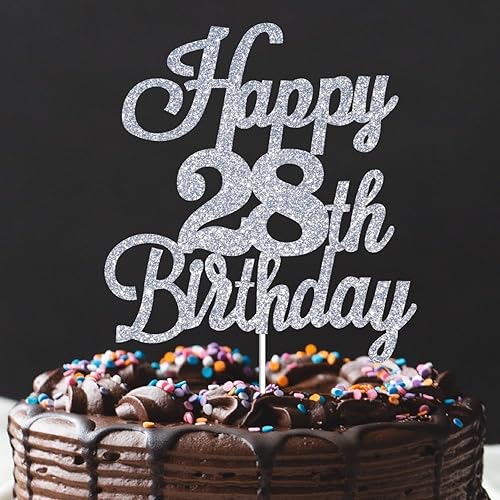 Miniatura 3 de Decoración para tartas de feliz cumpleaños número 28 con purpurina plateada, decoración de cumpleaños de 28 años, decoración de cumpleaños de 28