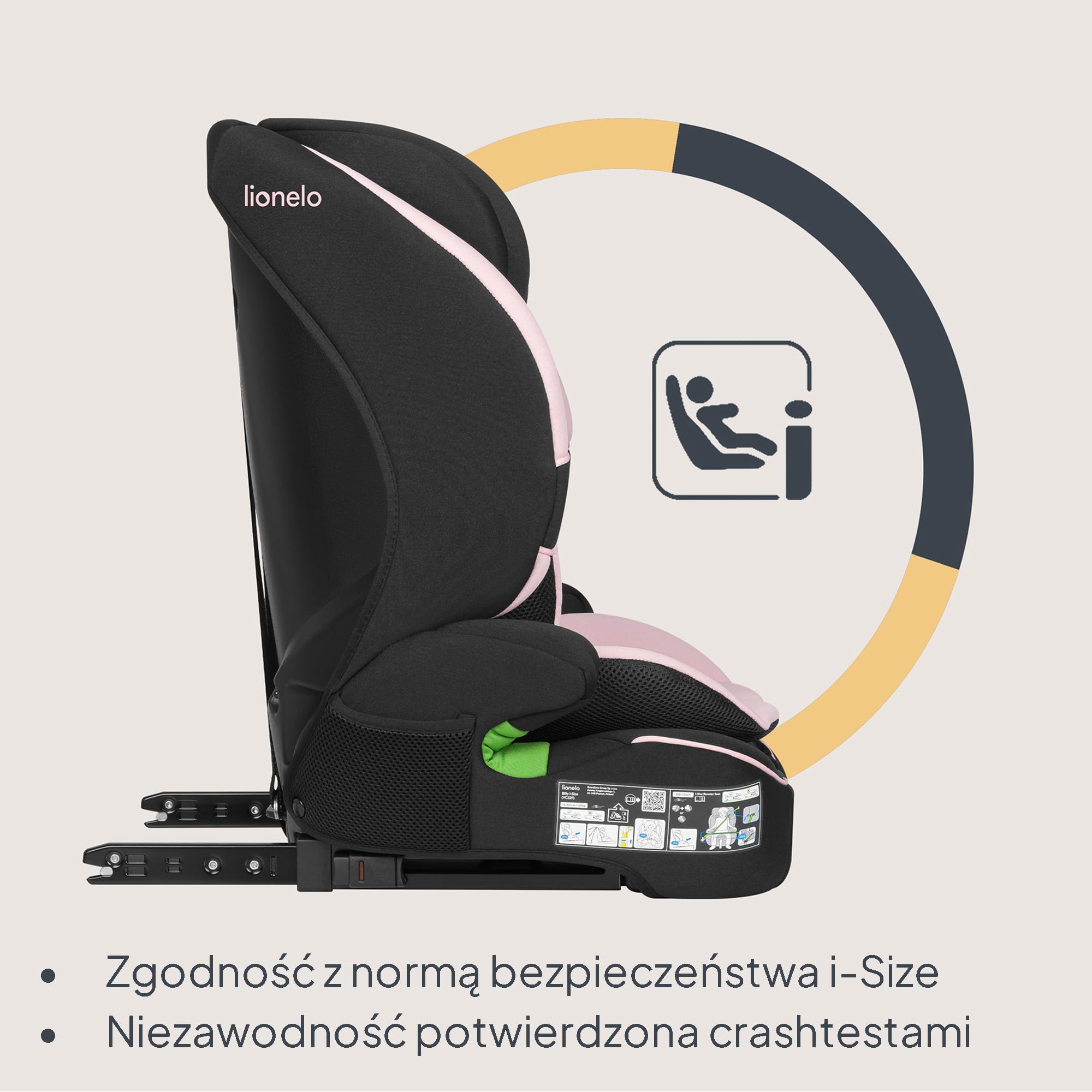 LIONELO Fotelik samochodowy Billy i-Size dla dzieci 76-150 cm (15 miesięcy – 12 lat) montaż na pasku lub na pasku, 10-pozycyjny zagłówek, ochrona boczna, górny pasek mocujący, 5-punktowa uprząż z