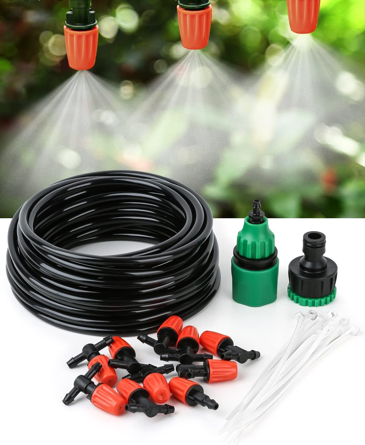 Mist Irrigation Kits,Micro Drip Irrigation Kit with 10M 1/4" Blank Distribution Tubing,10pcs Adjustable Nozzle,Quick Adapter,10pcs Nylon Cable Tie,Patio Misting Plant Watering System
