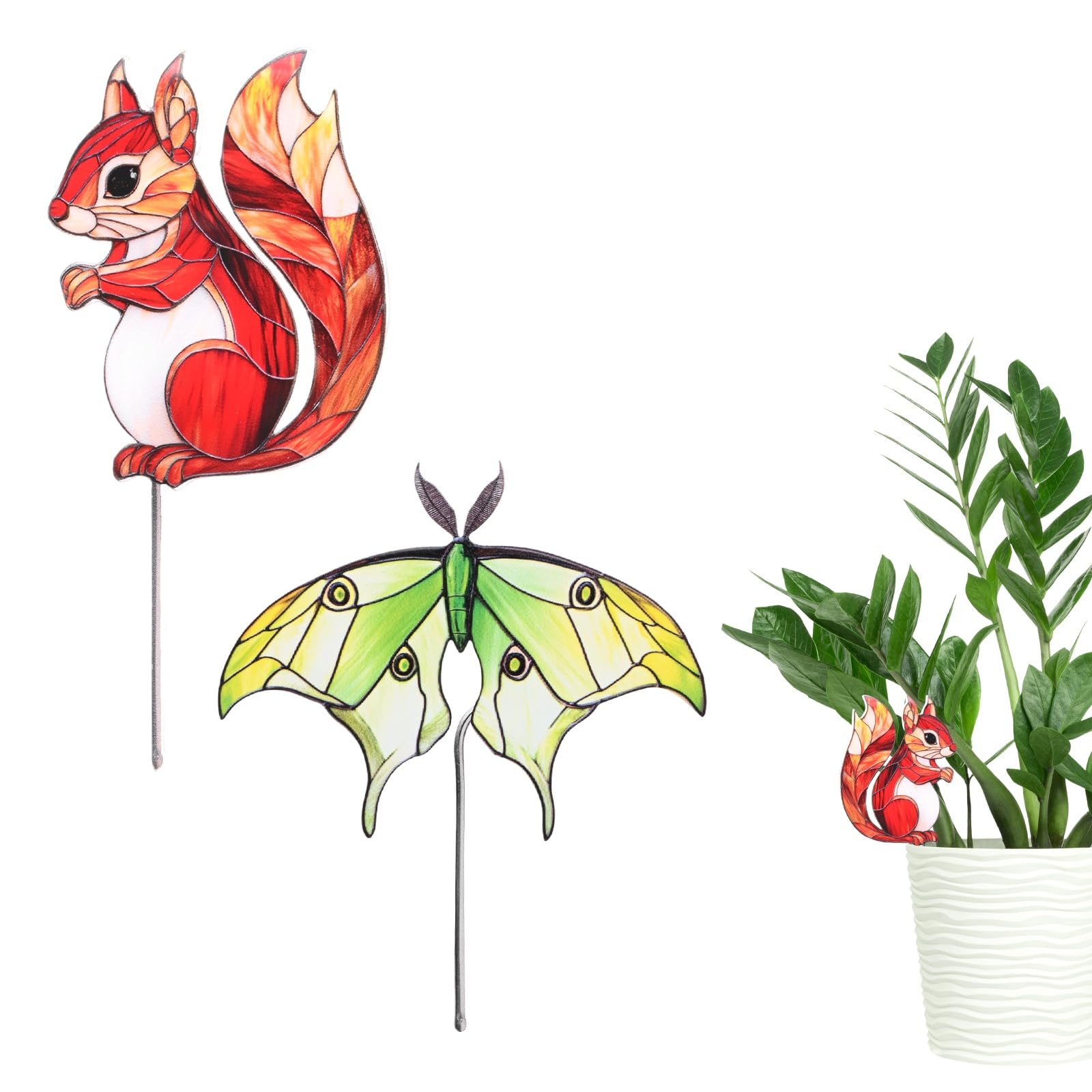 M METERXITY 2-Pack Squirrel and Butterfly Flower Pot Huggers, 2.2/4" Acrylic Garden Stakes for Planter Hanger Decor/Bonsai Ornaments Edge Accessories, Cute Animal Statue [Squirrel/Butterfly]