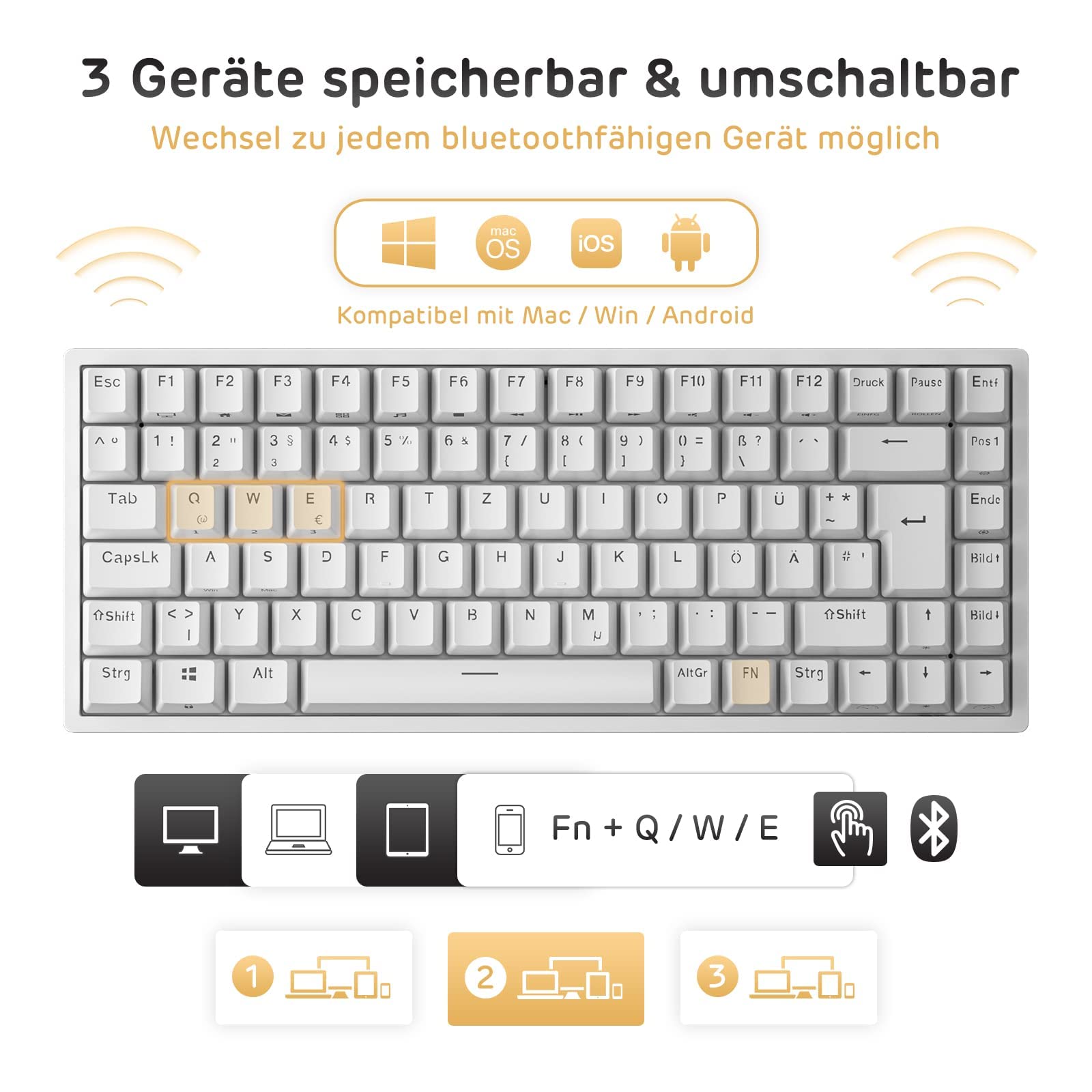 RK ROYAL KLUDGE RK84DE Limited Ed RGB mechanische Tastatur, QWERTZ | 75% Dreifachmodus BT5.0/2.4G/USB-C Hot Swap TKL Mechanische Tastatur, 84 Tasten Drahtlose Gaming-Tastatur, Custom Schalter