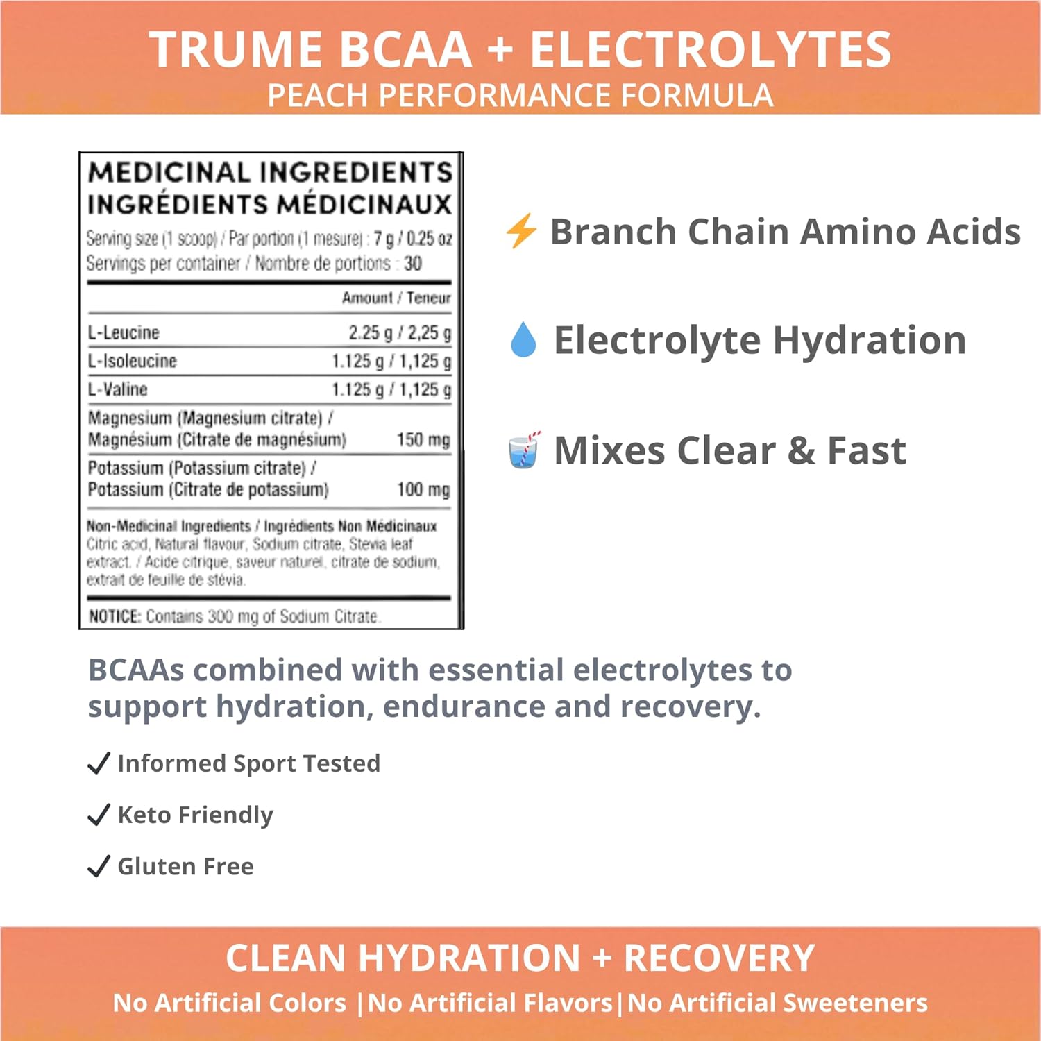 TruMe Informed Sport Certified BCAA EAA - Peach Banned Substance Tested Amino Acids | Electrolyte Hydration Recovery | 30 Servings