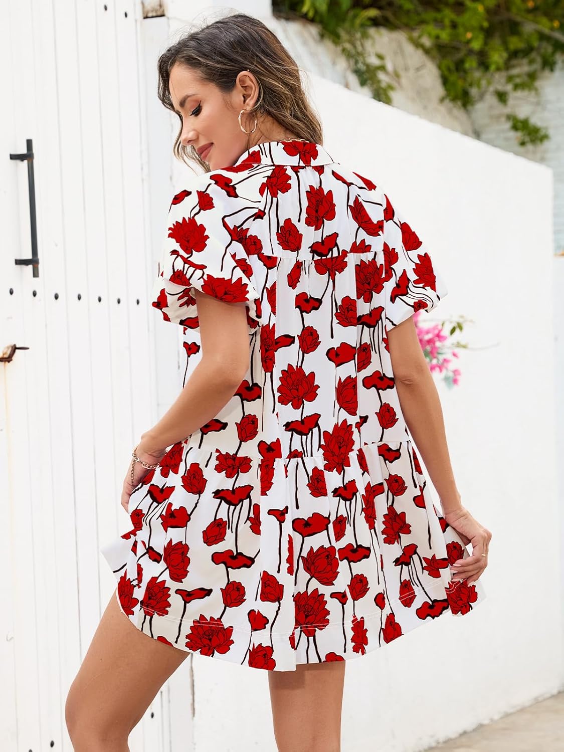 Women's Summer Short Puff Sleeve Floral Dress Button Down Loose Fit Casual Shirt Dresses - Image 2