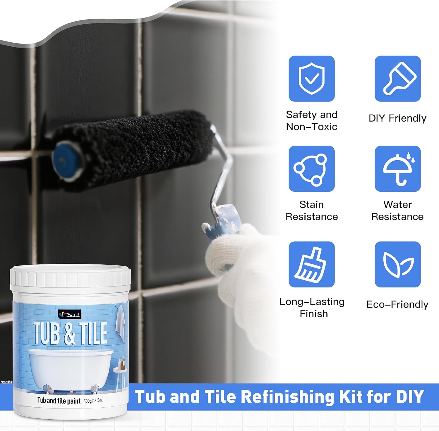  Tub and Tile Paint 16.5 oz, Tub Paint for Bathtub, Tile Refinishing with Hardener, Water Based, Low Odor, Semi-Gloss Black, 25-30sq.ft thumbnail