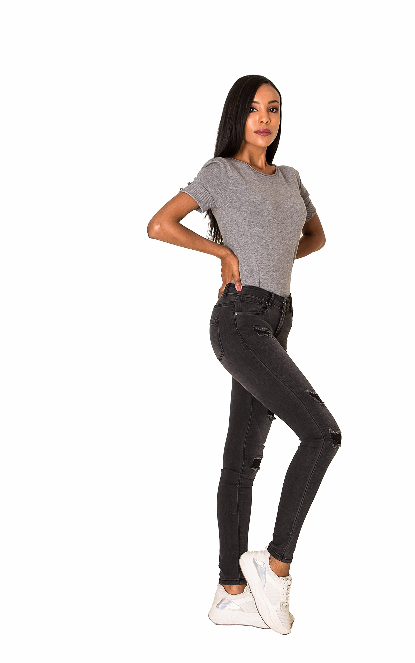 Nina Carter P100 Damen Skinny Fit Low Waist Jeanshosen mit Destroyed-Effekten Used-Look Jeans Waschungseffekt