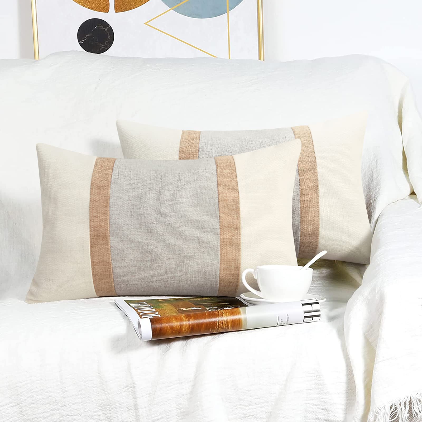 Pyonic Pack of 2 Boho Throw Pillow Covers Farmhouse Decorative Lumbar Pillowcases for Couch Sofa Living Room Outdoor Decor,Cream White and Grey,12 x 20 Inch