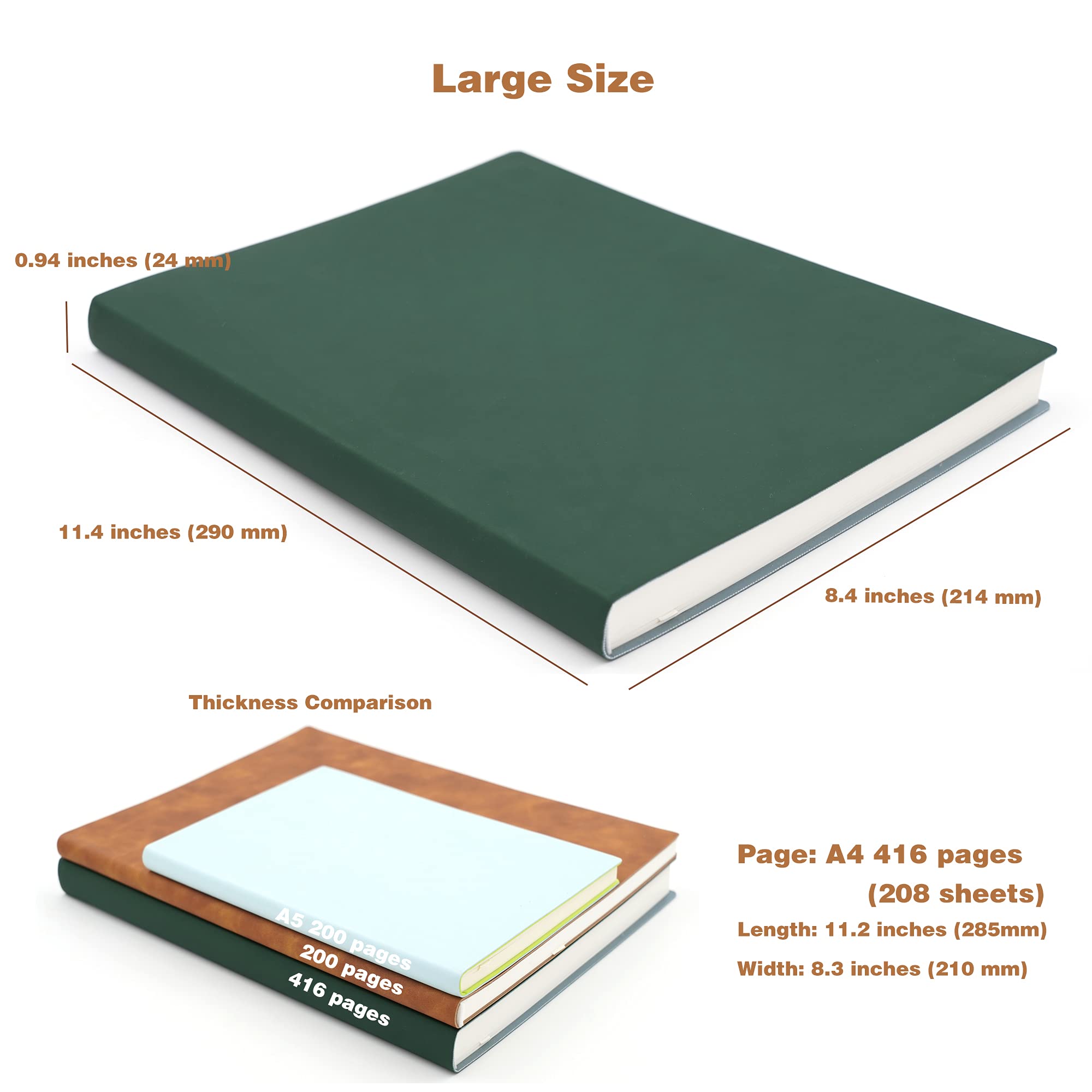 Grand carnet de notes épais, papier ligné, A4 21,3 x 29 cm, 416 pages, couverture en similicuir souple (vert, ligné)