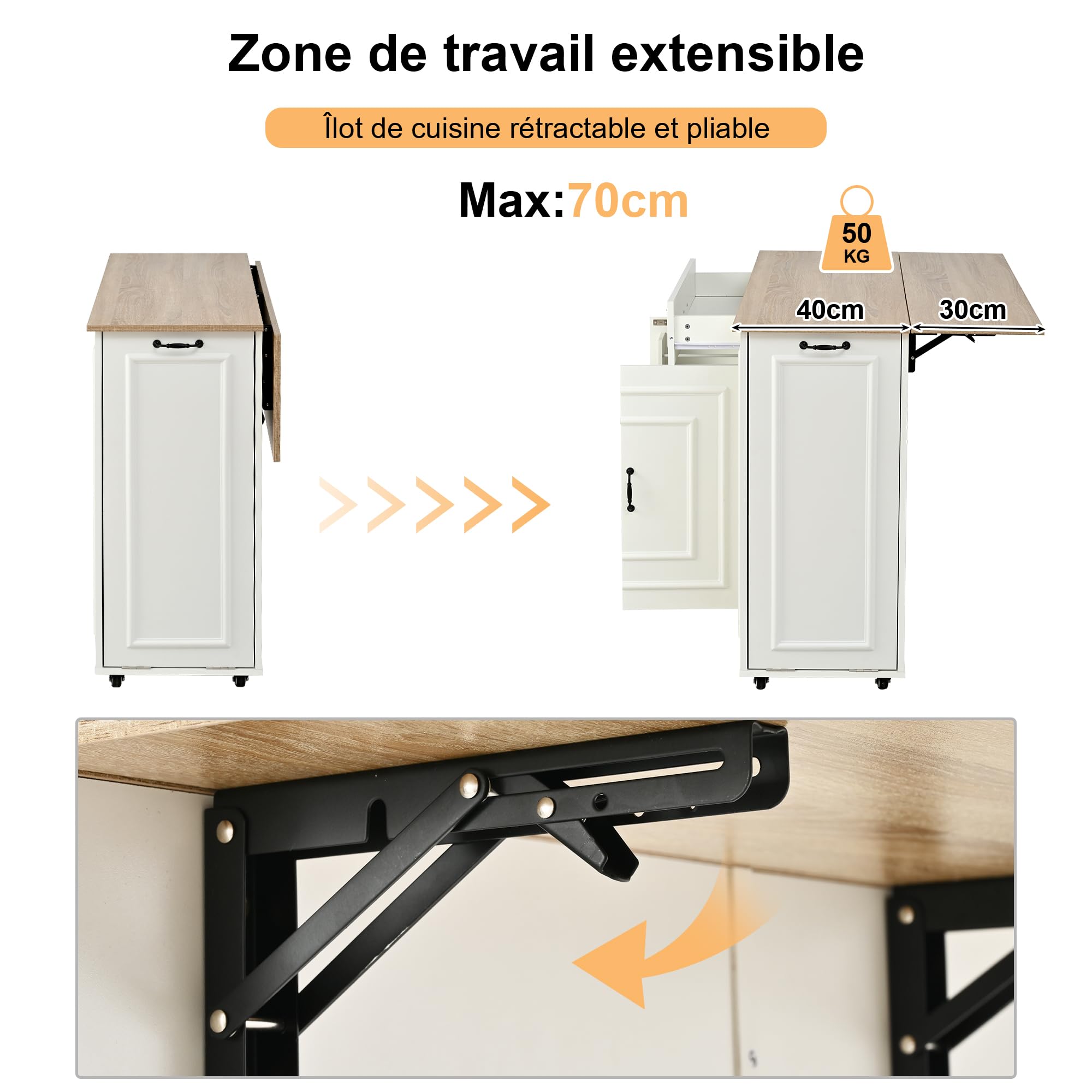 Kücheninsel mit Steckdose – Klappbare Arbeitsplatte ausziehbar zum Esstisch, Küchenwagen mit Schublade & Fächern, auf Rollen, 110x40(70) x90 cm, Weiß