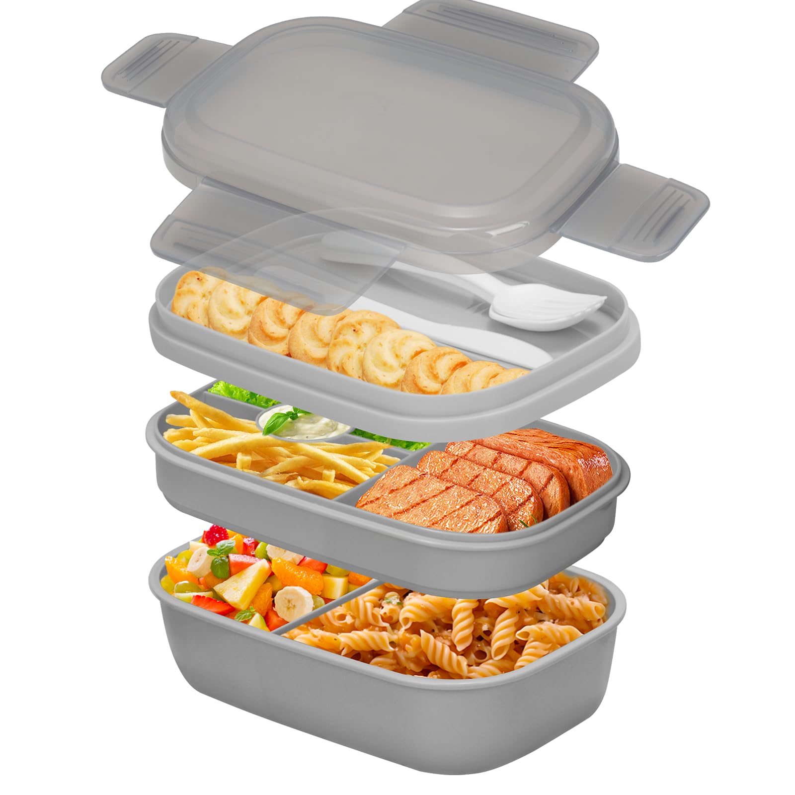 Cozary Lunch Box for Adults, 1900 ml Lunch Box with Compartments and Cutlery, 3 Tier Bento Box, BPA-Free, Leak-Proof, Microwave, Grey