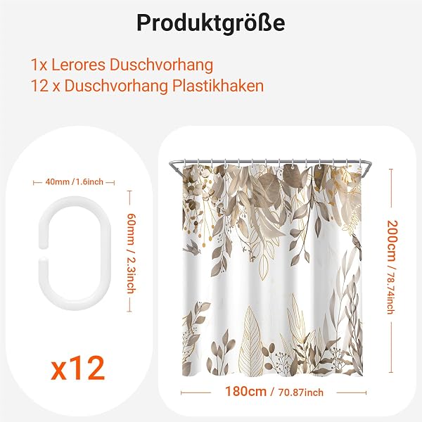 Lerores Duschvorhang 180x200cm Grau Herbstblätter, Beschwerter Saum Antischimme, Wasserabweisend, Waschbar Polyester Badevorhänge mit Ösen und 12 Duschvorhangringen für Badezimmer, Badewanne - 2