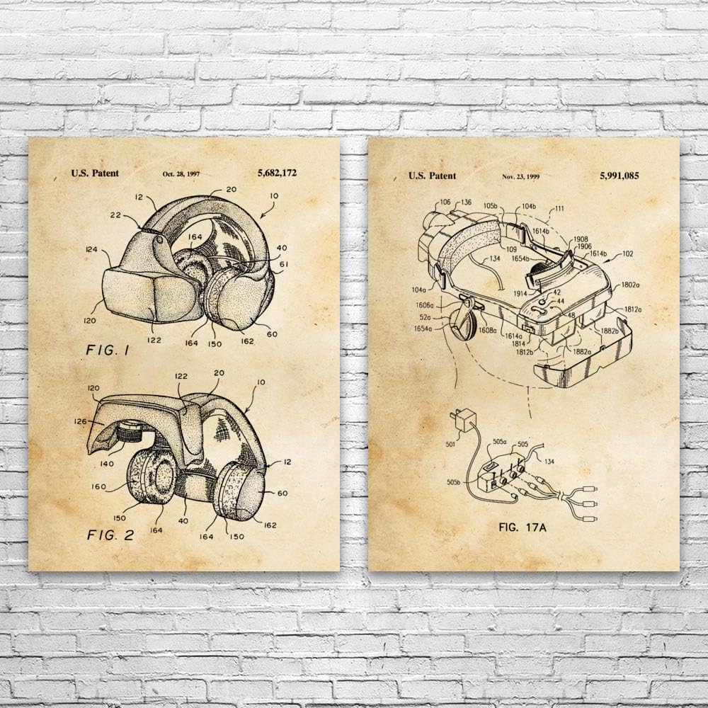 VR Headset Patent Prints Set of 2 (20x30), VR Gift, Arcade Decor, Game Collector Gift, Game Store Wall Art, VR Headset Blueprint Vintage Paper