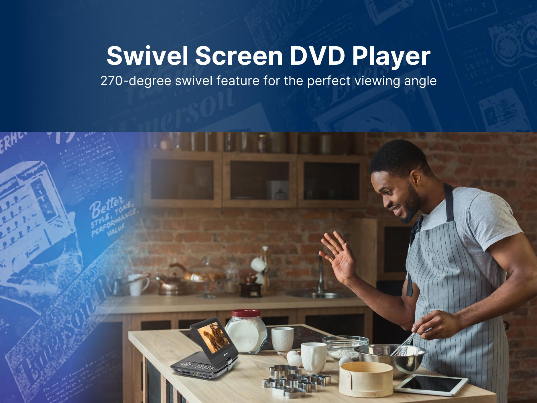 Emerson EPD-7001 Lettore DVD portatile da 7" con altoparlante integrato, batteria ricaricabile e schermo girevole a 180°, perfetto per la riproduzione di DVD e intrattenimento in movimento
