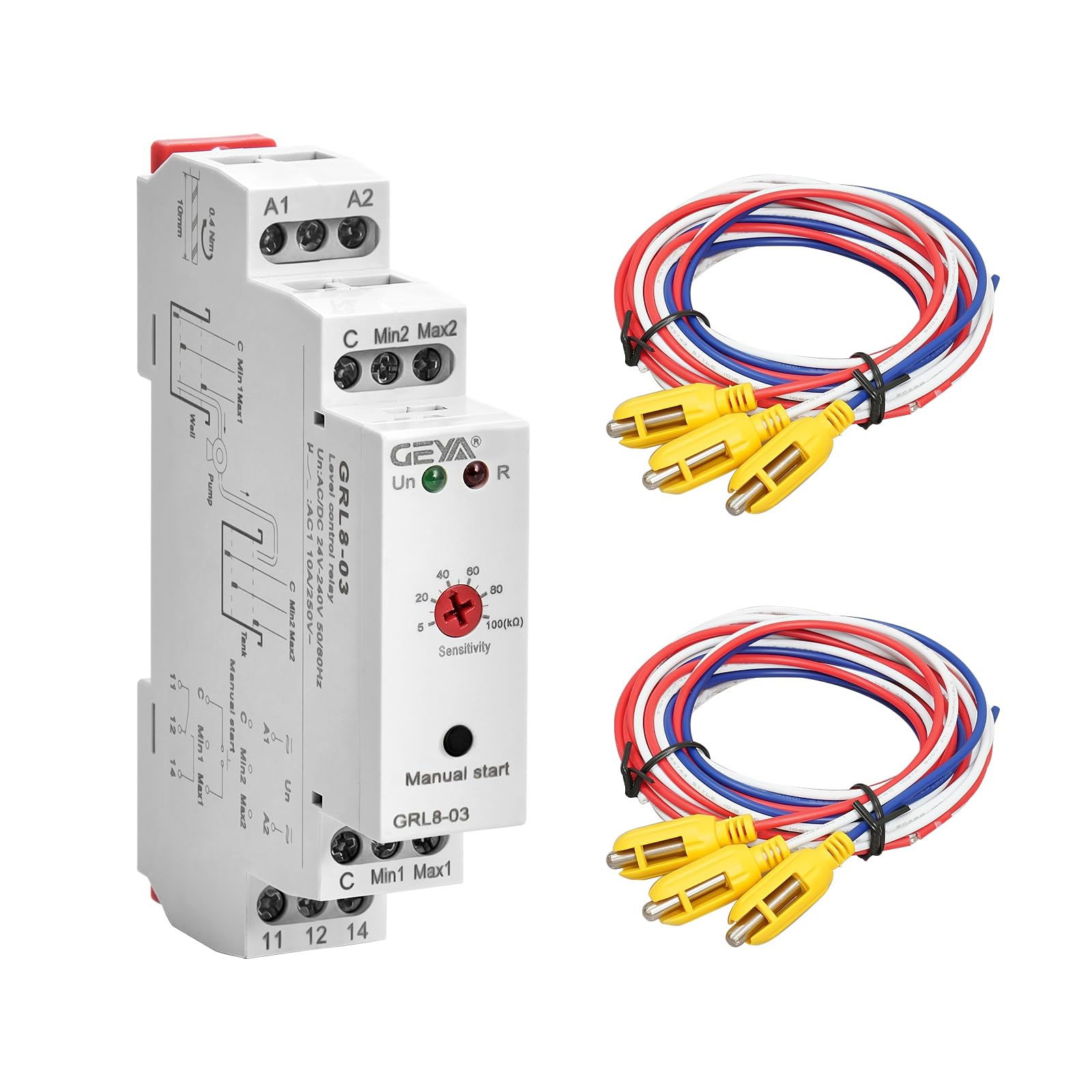 GEYA Przekaźnik do regulacji poziomu płynu w studni i zbiorniku z sensorycznym nadzorem poziomu płynu 10A (GRL8-03+Sensor, AC/DC 24V-240V)