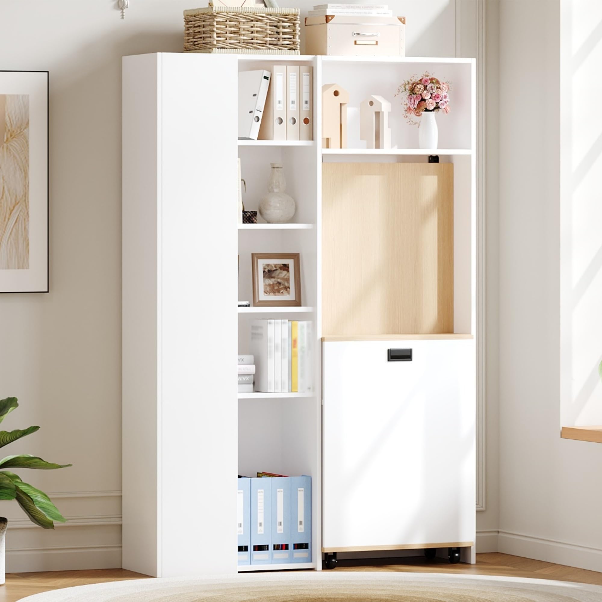 Klappbarer Schreibtisch mit Ablagen –2-in-1-Bücherregal und Schreibtisch, klappbar, mit Steckdose und USB-Anschluss, höhenverstellbare Ablagen, Kippschutz (Links)