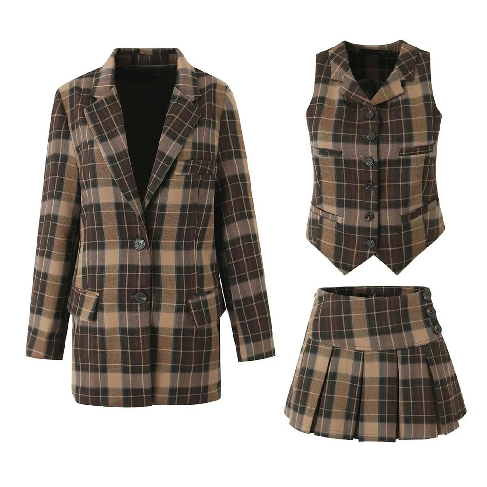Blazer Trois pièces, Costume d'automne et d'hiver, Chemise, Gilet, Jupe plissée à Carreaux