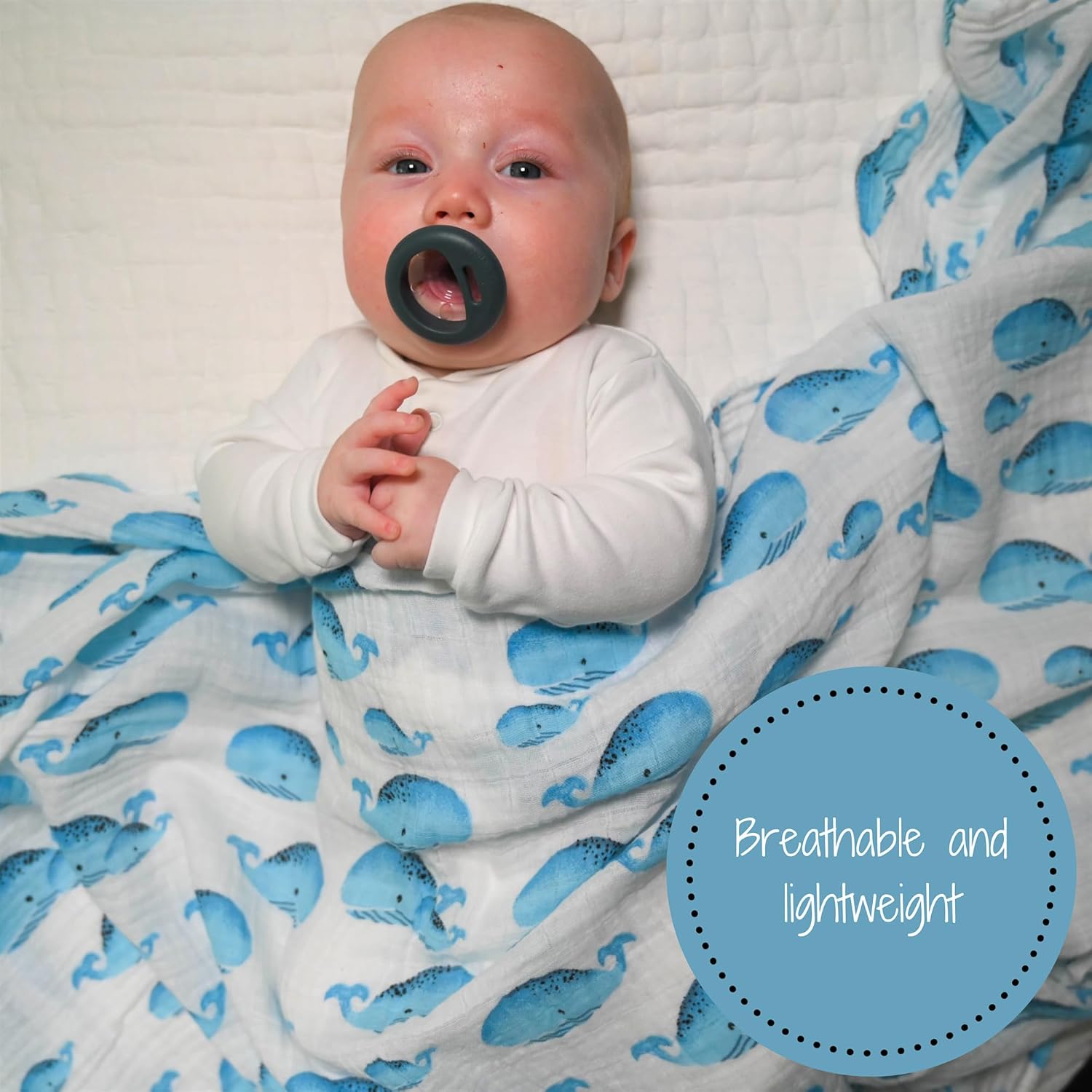 LollyBanks Muslin Swaddle Blanket, 100% Muslin Cotton Swaddles for Baby Boys Breathable and Lightweight, 47 X 47 Inches Newborn Receiving Blanket for Boys, Baby Essential, Registry (Whale Print) - Image 4