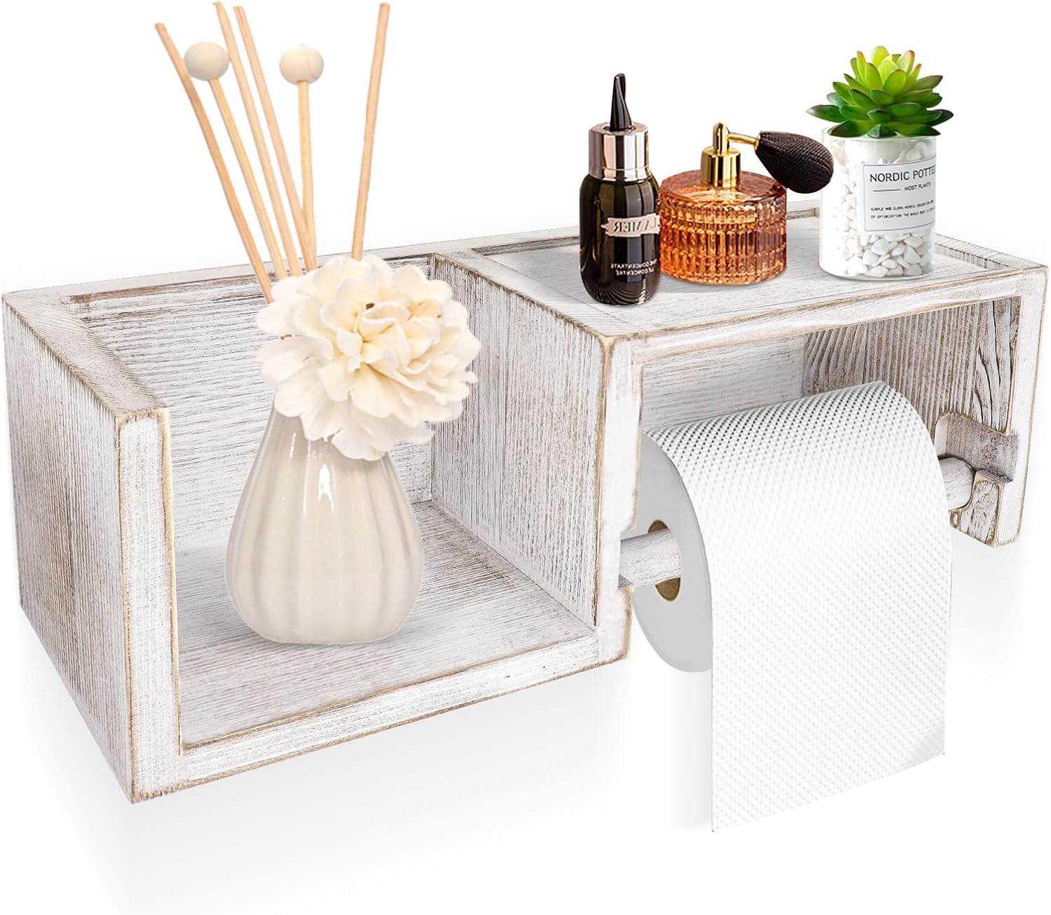 Farmhouse Wooden Toilet Paper Holder with Shelf, Wall Mount Rustic Toilet Roll Holder with Storage for Bathroom Kitchen (Weathered White) Thumbnail