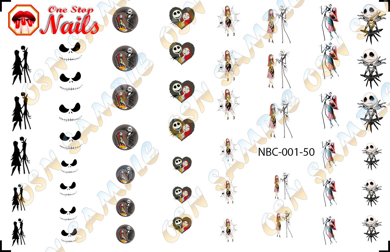 Waterslide Nail Decals by One Stop Nails V1A Themed for Christmas Nightmare with Jack Skellington and Sally.