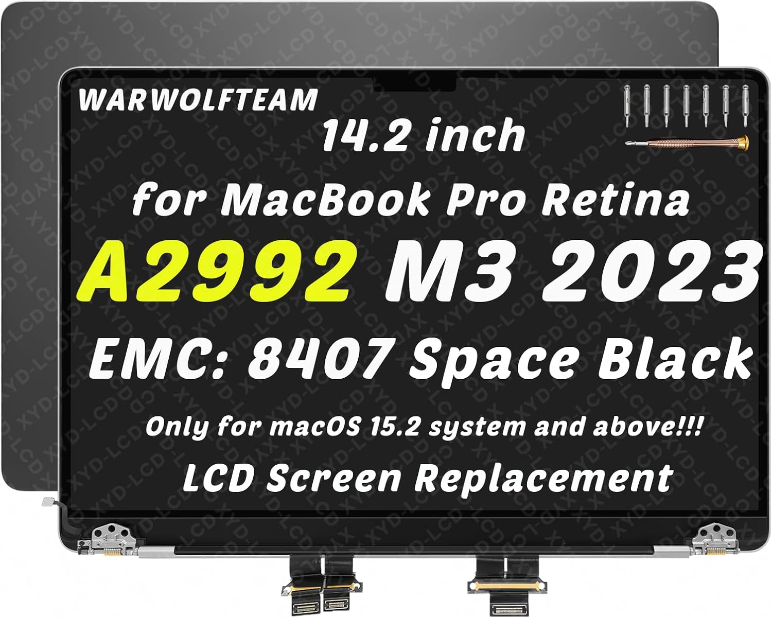 Compatible with MacBook Pro A2992 Retina M3 Pro/Max 2023 EMC 8407 LCD LED Screen Replacement Whole Hinge-up Assembly 14.2in 3024 x 1964(Space Black)
