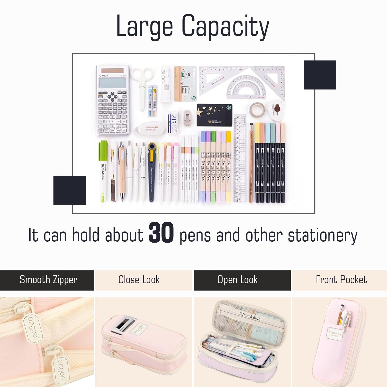 Lyrovo Large Capacity Pencil Pouch Case for School & Office Multi Compartment Organizer Durable Nylon (Pink)