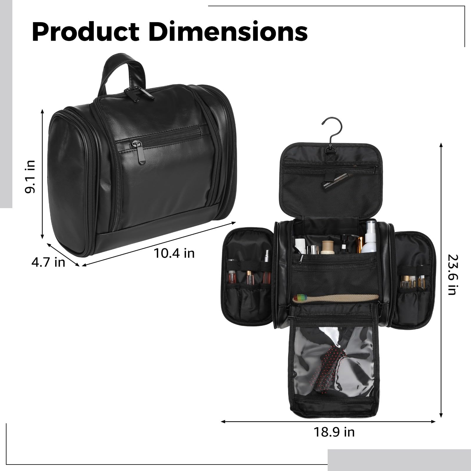 Neceser colgante para hombre, organizador grande de piel sintética con gancho giratorio, estuche de almacenamiento de higiene con cremallera para kit de afeitado, artículos esenciales de aseo