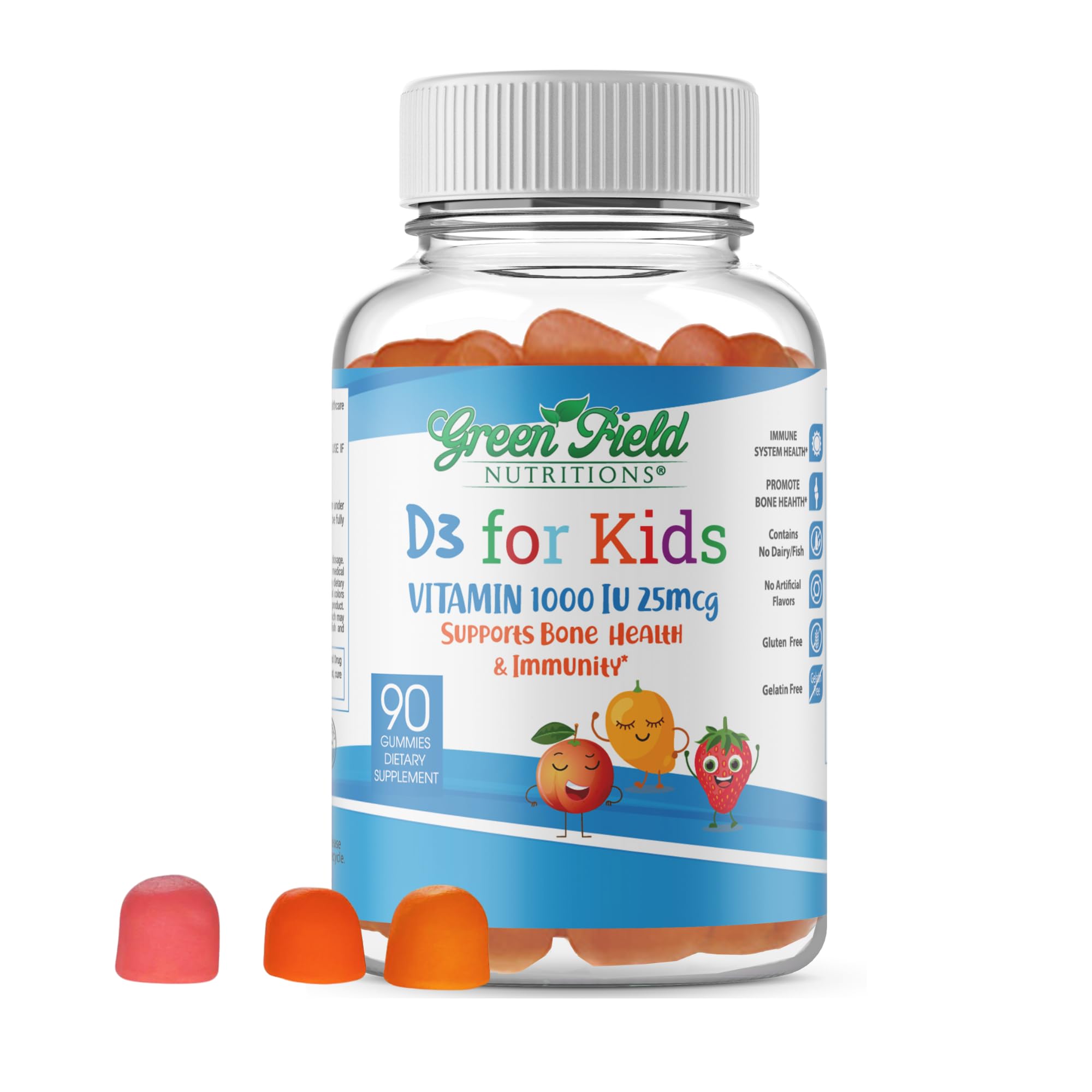 Greenfield Nutritions Halal Vitamin D3 for Kids – 1000 IU – 90 Gummies | Chewable Kids Vitamin D Supplement Supports Bone and Immune System | Non-GMO, Gelatin-Free, Gluten-Free