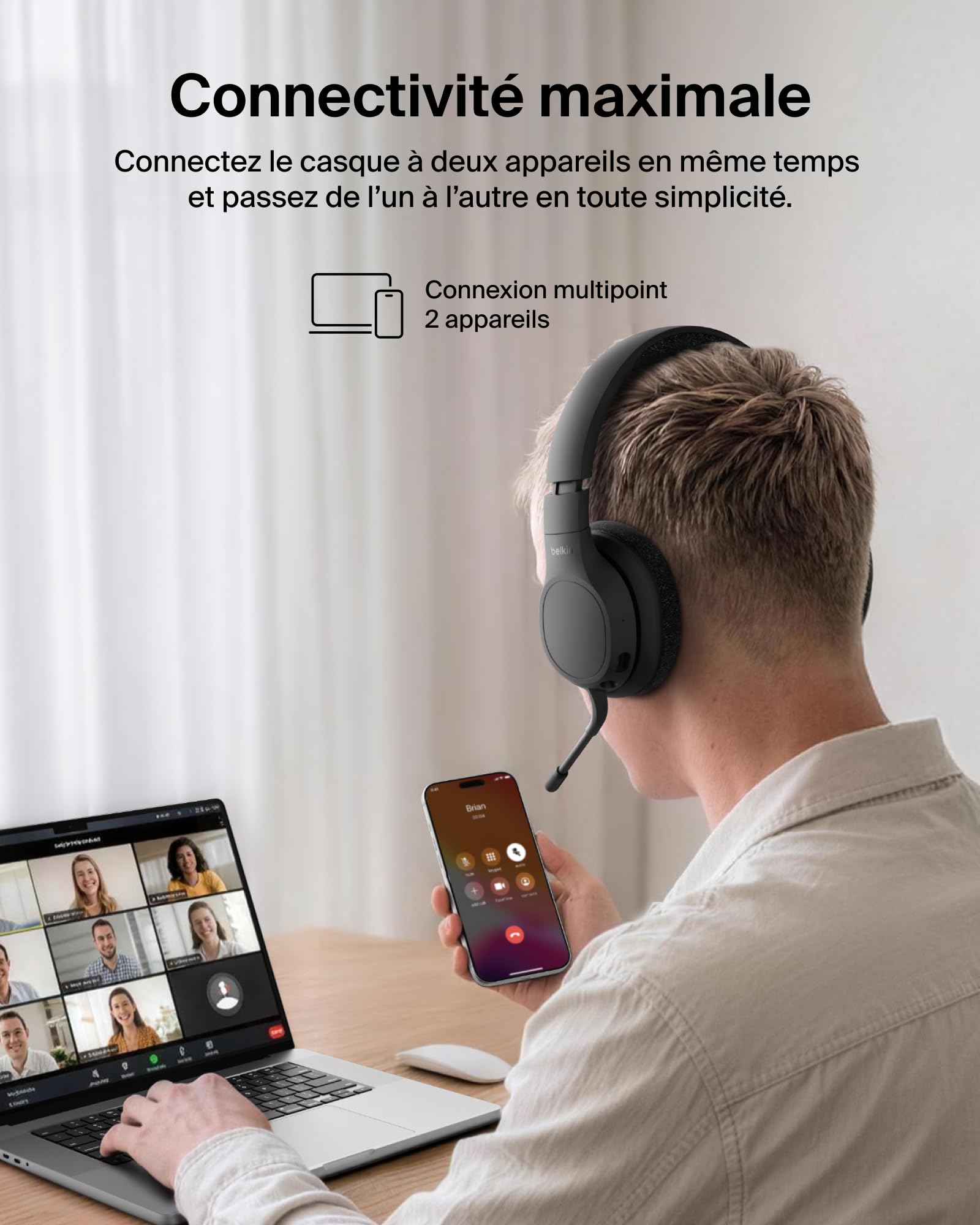 Belkin SoundForm Adapt Casque Audio sans Fil Circum-Aural avec Micro - Noir | Bluetooth 5.2, Micro Orientable Intégré, Connexion Multipoint, ENC, Autonomie de 65h, Recharge rapide