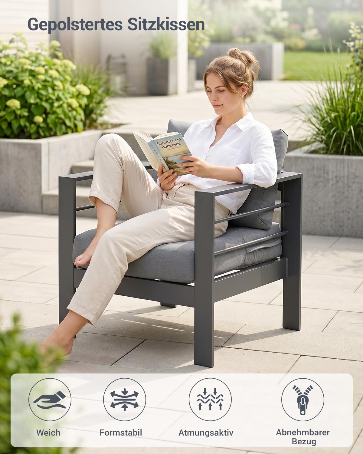 Atenza Aluminium Gartenmöbel Set Lounge Sitzgruppe 6-7 Personen | 5-teilige Outdoor Gartengarnitur mit WPC-Couchtisch, 12cm dicken Kissen & waschbaren Kissenbezügen für Terrasse & Balkon