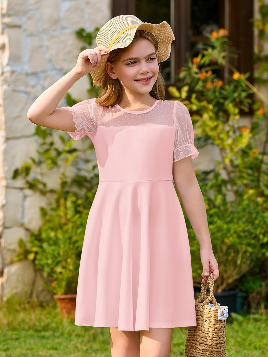 Haloumoning Girls Contrast Mesh Puff Short Sleeve Dress Kids High Waist A Line Casual Dresses with Pockets 4-14 Years - Image 3