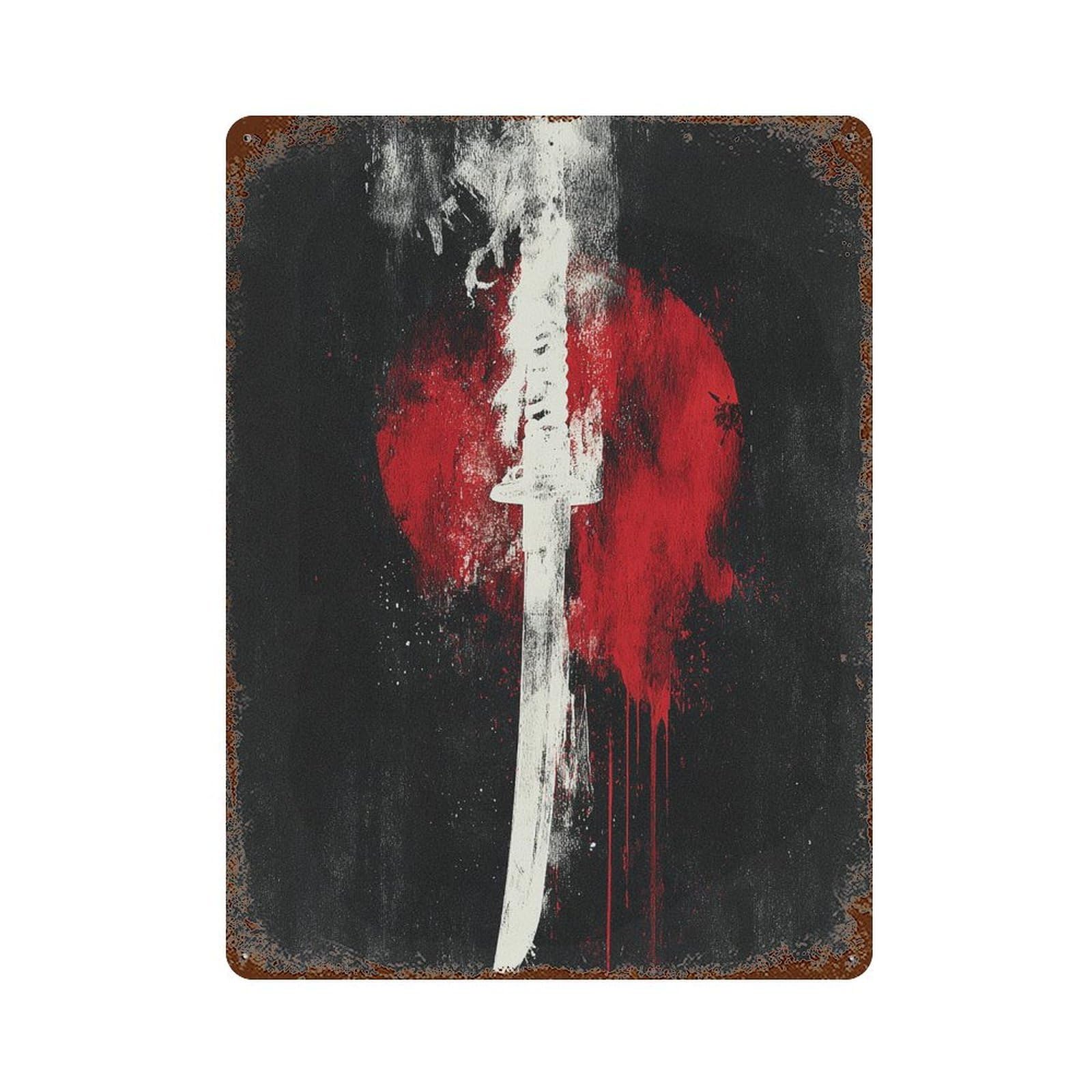 Rustic Tin Plaque with Blood Moon Sword Art Print Design 15.7"x11.8", for Cafe, Home Bar And Lounge Decor, Industrial Home Decor