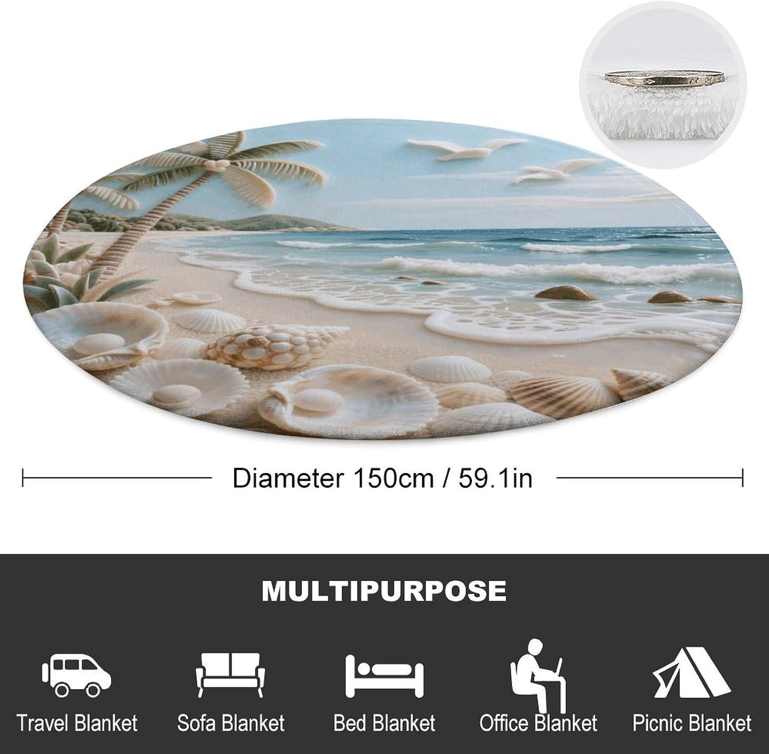 Shell - Carving Beach Round Flannel Throw Blanket | 59.1 Inch Circular Skin Friendly Soft Sofa Cover, Lightweight Foldable Flannel Spread for Indoor Daily Rest Scenes