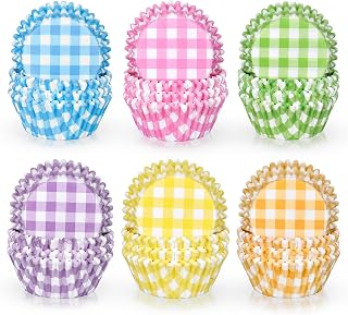 Whaline 600Pcs Buffalo Plaid Cupcake Liners Spring Summer Colorful Gingham Cupcake Wrappers Macaron Checkered Baking Cup Liner for Baby Shower Bridal Shower Wedding Birthday Party Supplies