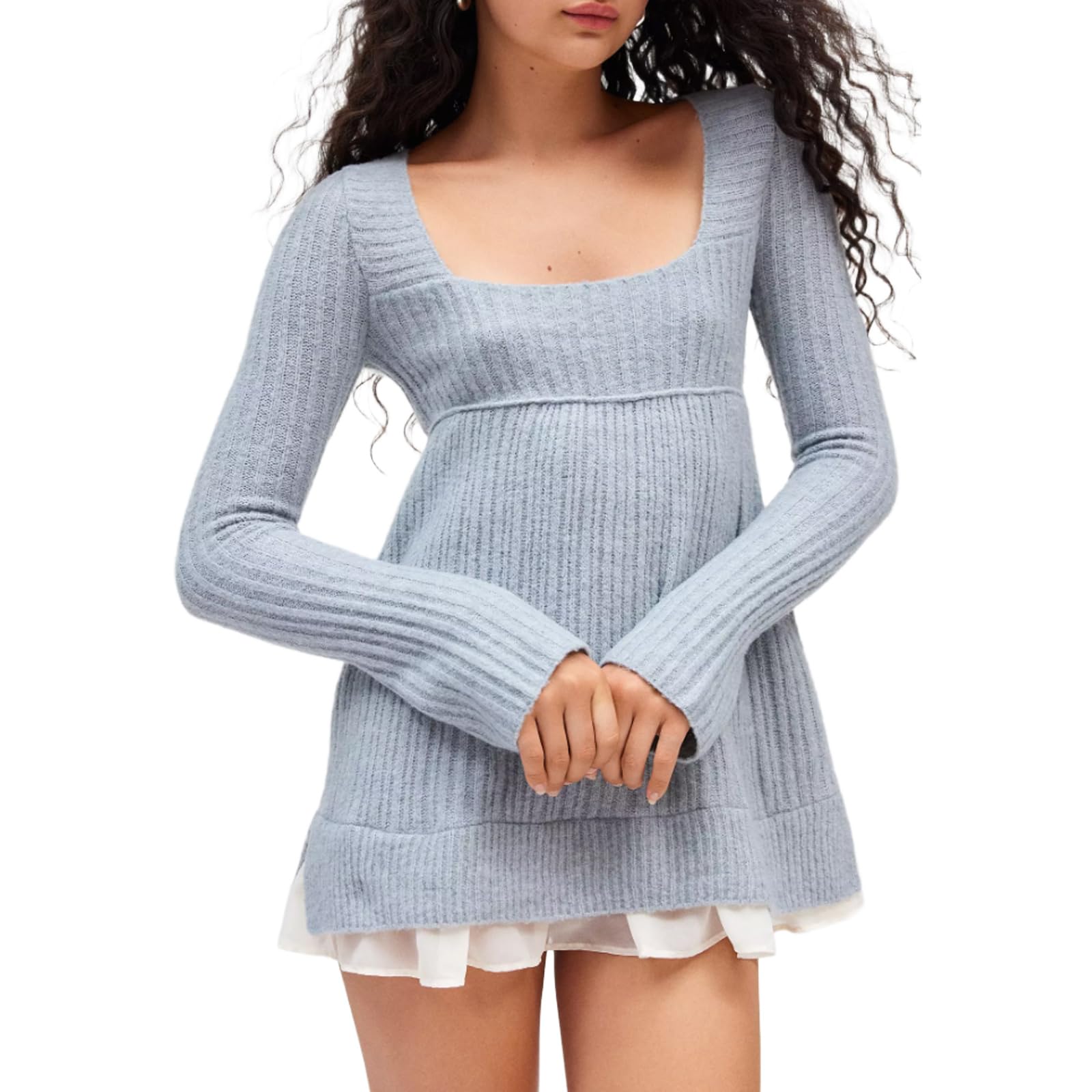 Fairy Grunge Y2K Babydoll Sweater for Women Long Sleeve Ruffle Trim Tunic Knit Tops Coquette Aesthetic Clothes