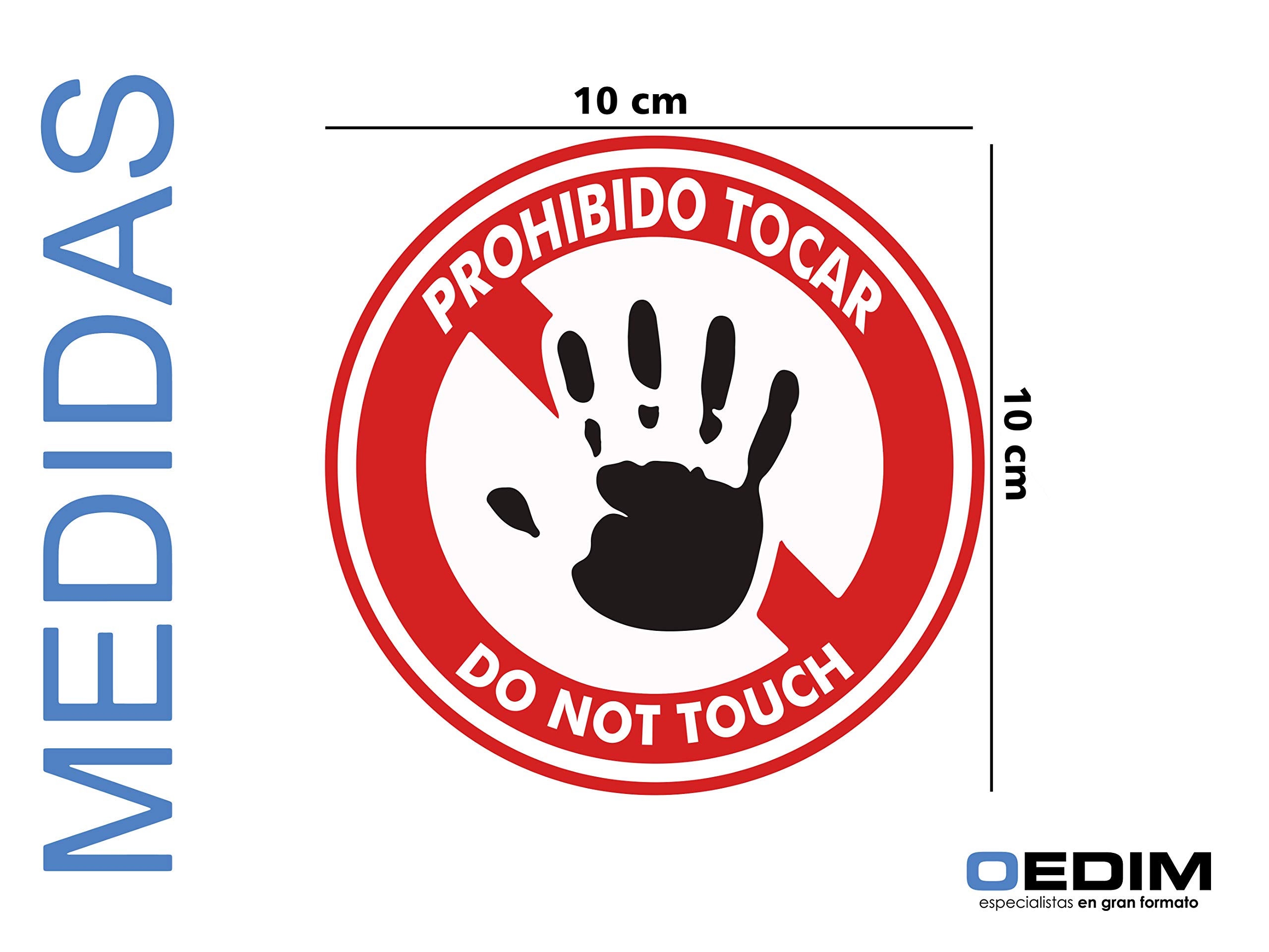 Oedim Pack 20 Señales de Pegatina Prohibido Tocar con Texto | 10x10 cm| Adhesivo Resistente y Económico | Pegatina Adhesiva Transparente en Efecto Espejo