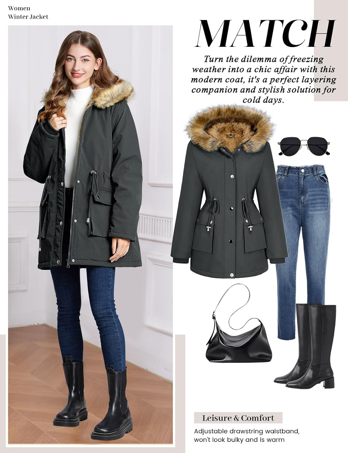 Womens Winter Coat Warm Thicken Puffer Jackets with Fur Hood Fleece Lined Parka Full-Zip Coat Overcoat