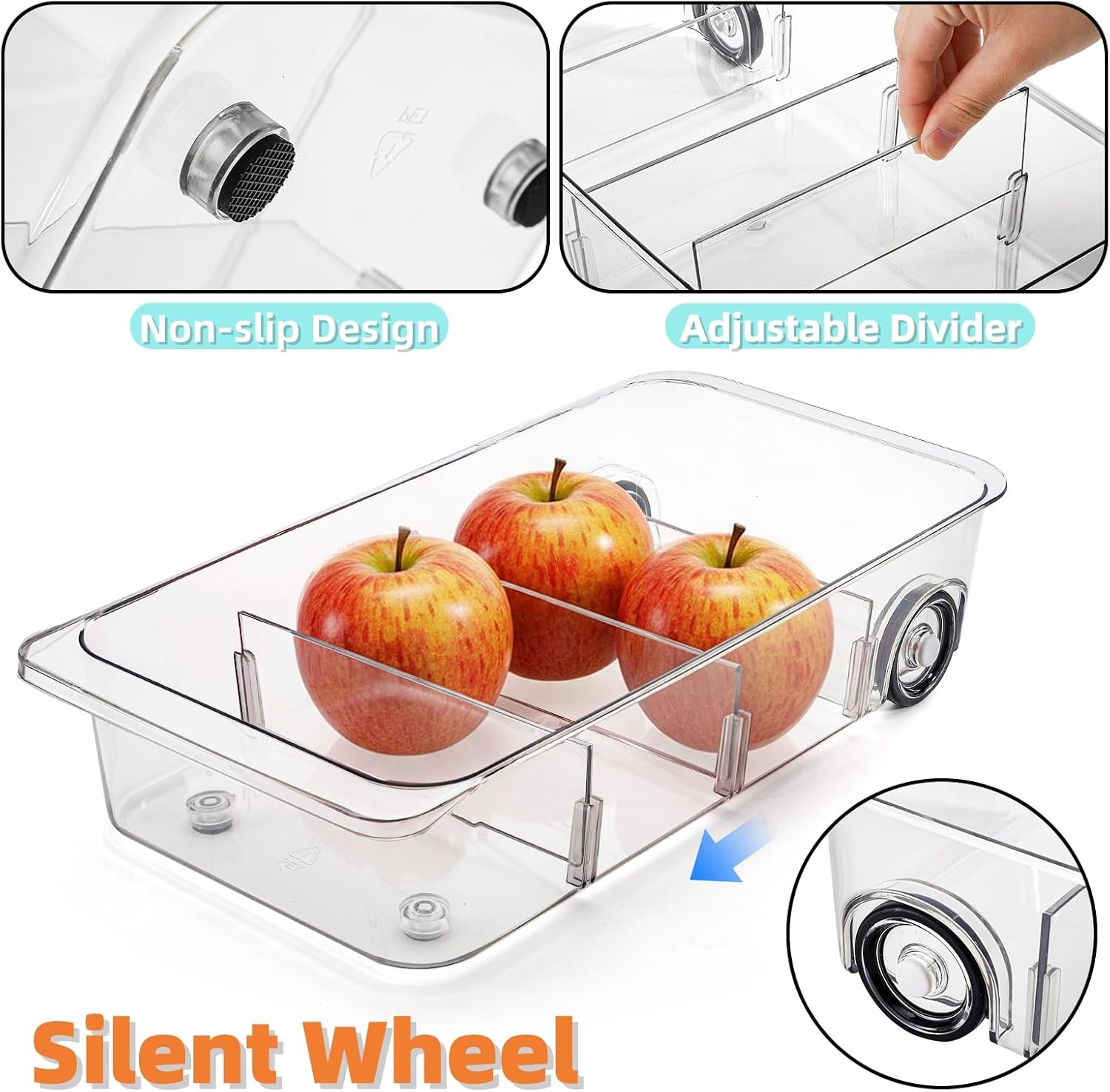 2 Pack Refrigerator Organizer Bin with Wheels, Roll Out Pantry Storage with Dividers, Clear Plastic Refrigerator Drawer, Upgrade Thick Fridge Caddy for Under Sink, Kitchen Organization - Image 3