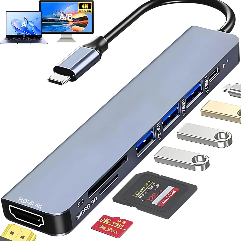 Hub USB-C 3.0 Extensor Adaptador 7 em 1 - HDMI 4K, USB 3.0, USB 2.0, USB-C PD 100W, Leitor de Cartão SD/TF - Compatível com Notebook, Macbook, Ipad, Dock Station, Dex, Raspberry - Compacto em Alumínio