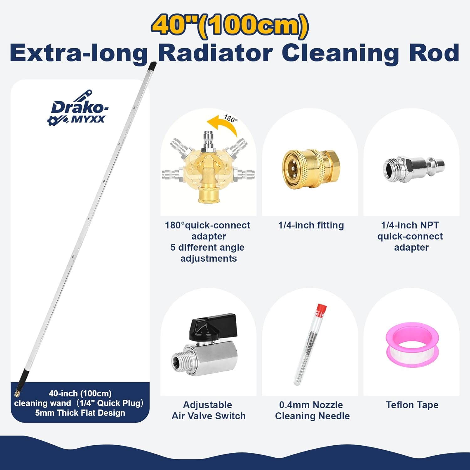 40" Radiator Cleaning Wand, Multi-Purpose Radiator Cleaning Wand for Pressure Washers and Air Compressors, Pressure Washer Wand for Car and Truck Radiator Cleaning Tools, Includes 6 Nozzles