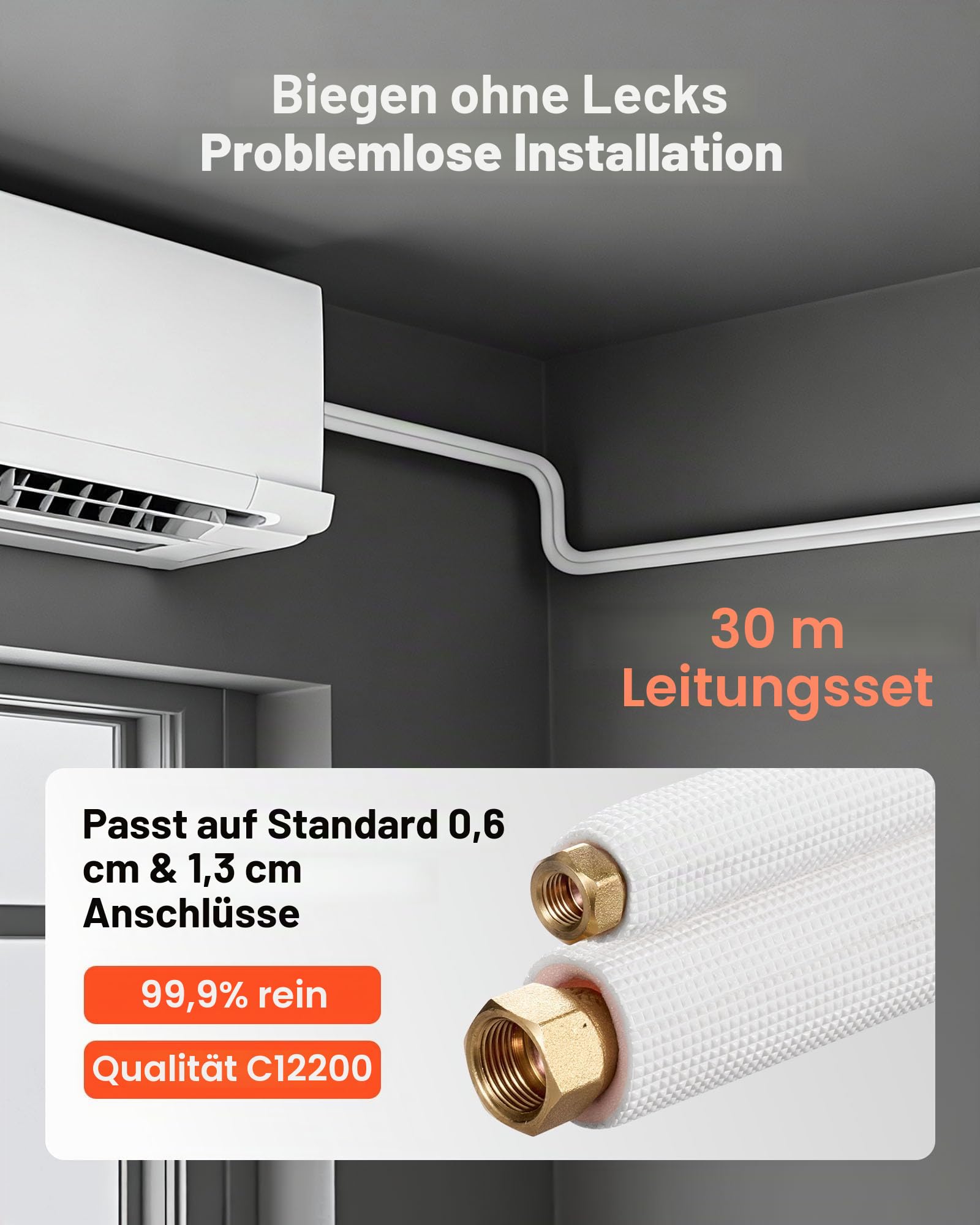 VEVOR Kältemittelleitung 30,48 m, Kupferleitung 6,4 & 12,7 mm Außendurchmesser, PE-isolierte Spule mit Bördelmuttern, Umreifungsbänder, für Mini-Split-Klimaanlage, HVAC oder Wärmepumpensystem