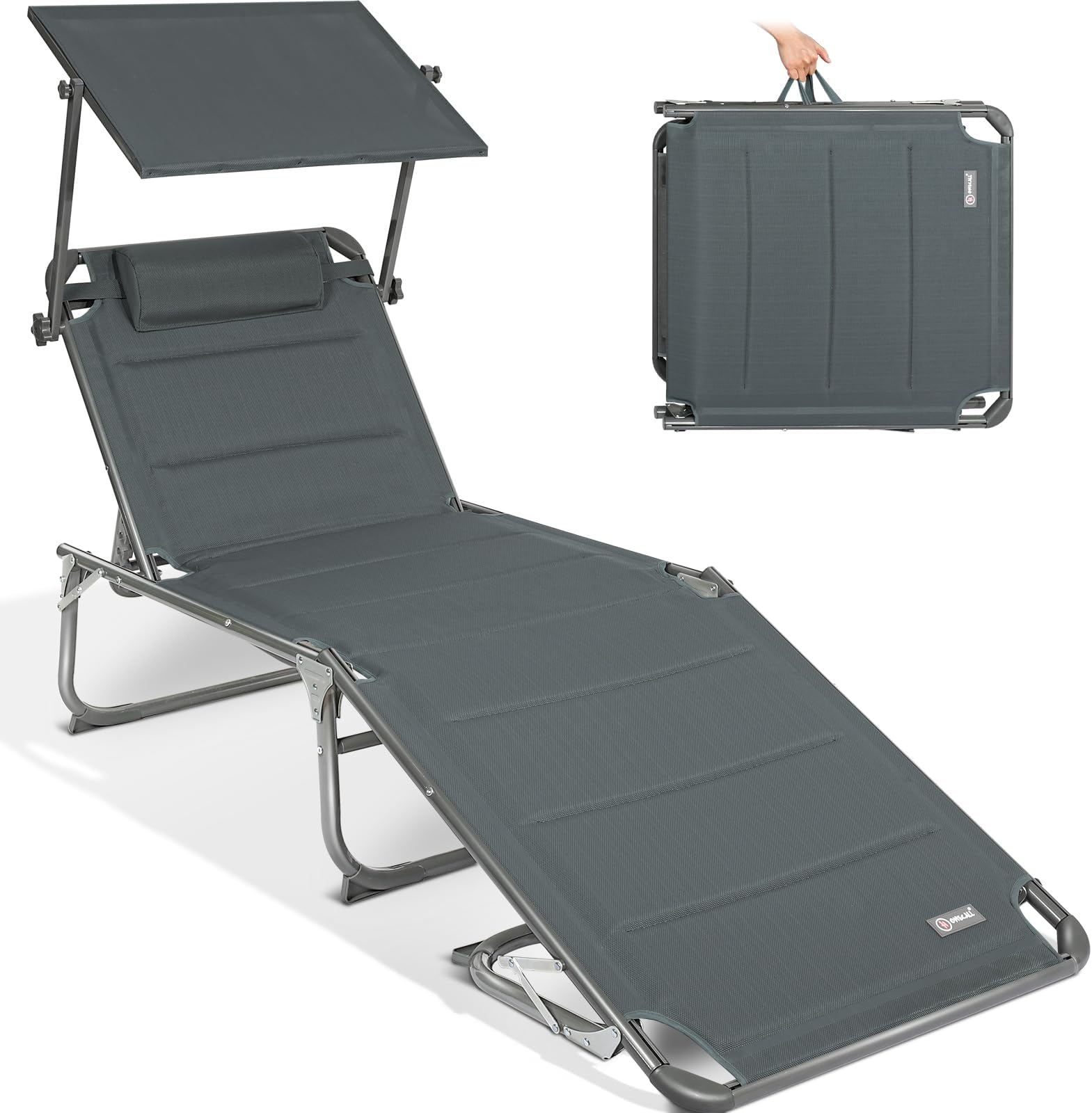 HomecallXXL Aluminium Sun Lounger with Sun Roof Three-Legged Beach bed 200x70 cm Maximum Load 150 kg, Grey textilene, Quick Dry Foam