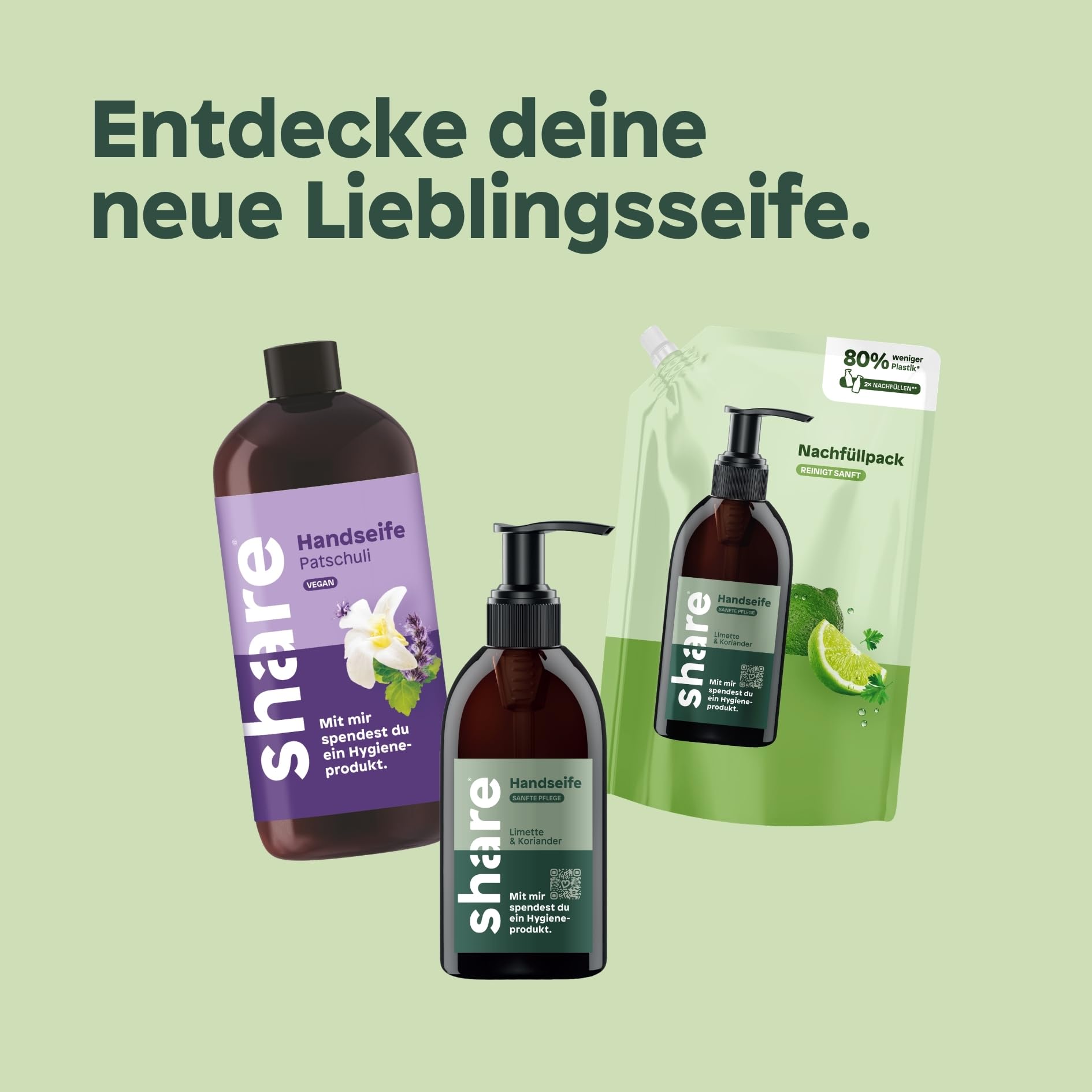 share Flüssigseife Nachfüllpack Limette & Koriander (6x500ml) | Sanfte Reinigung, Vegan, pH-hautneutrale flüssige Seife mit ätherischen Ölen – Jeder Handseife Nachfüllbeutel spendet